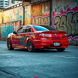 A striking red BMW E46 Coupé adorned with vibrant and intricate graffiti art