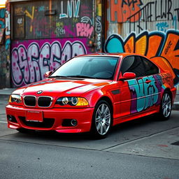 A striking red BMW E46 Coupé adorned with vibrant and intricate graffiti art