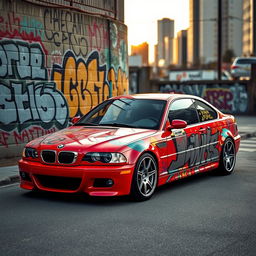 A striking red BMW E46 Coupé adorned with vibrant and intricate graffiti art