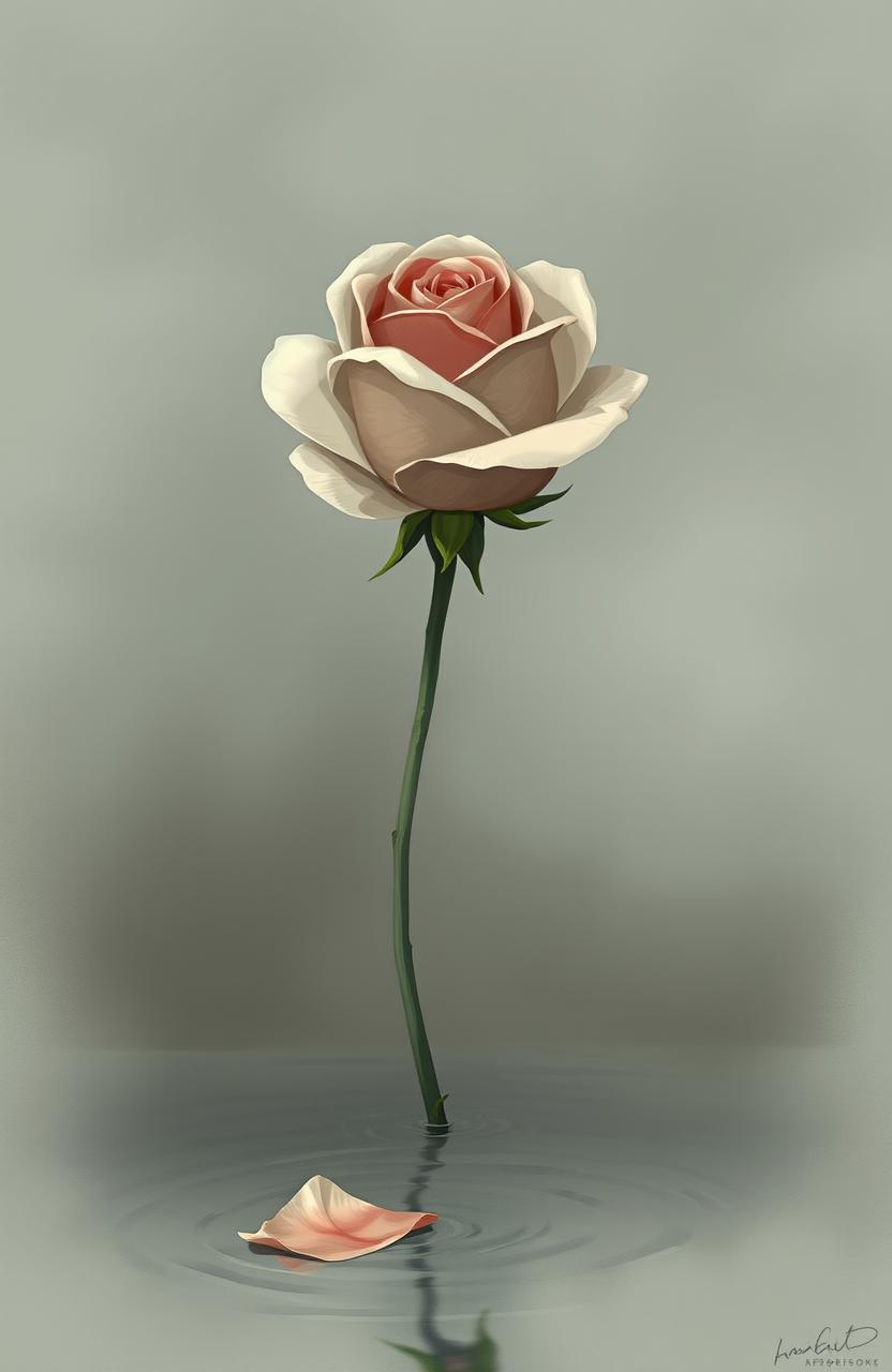 A hauntingly beautiful illustration of a single, long-stemmed rose with muted colors