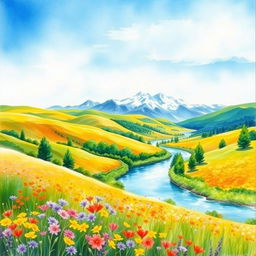 A vibrant, dreamy landscape painted in watercolors featuring rolling hills under a bright blue sky