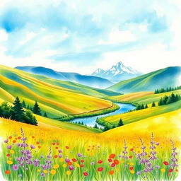 A vibrant, dreamy landscape painted in watercolors featuring rolling hills under a bright blue sky