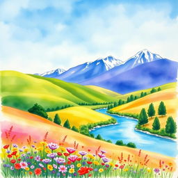 A vibrant, dreamy landscape painted in watercolors featuring rolling hills under a bright blue sky