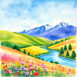 A vibrant, dreamy landscape painted in watercolors featuring rolling hills under a bright blue sky