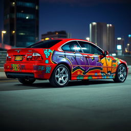 A striking red BMW E46 Coupé, artistically adorned with vibrant graffiti art that features bold colors and dynamic shapes