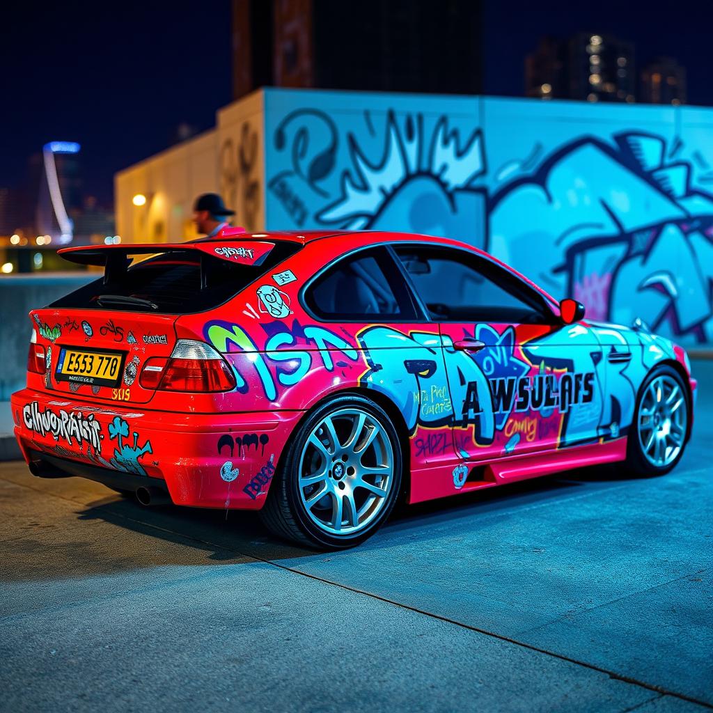 A striking red BMW E46 Coupé, artistically adorned with vibrant graffiti art that features bold colors and dynamic shapes