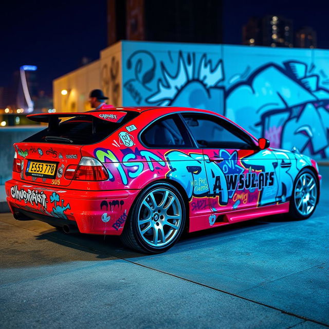 A striking red BMW E46 Coupé, artistically adorned with vibrant graffiti art that features bold colors and dynamic shapes