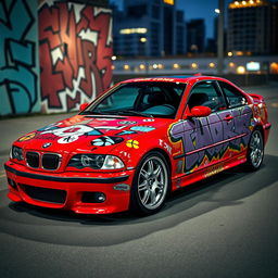 A striking red BMW E46 Coupé, artistically adorned with vibrant graffiti art that features bold colors and dynamic shapes