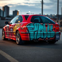 A striking red BMW E46 Coupé, artistically adorned with vibrant graffiti art that features bold colors and dynamic shapes