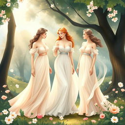 A whimsical and romantic book cover design inspired by classical painting, featuring a modern interpretation of 'The Three Graces'