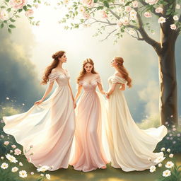 A whimsical and romantic book cover design inspired by classical painting, featuring a modern interpretation of 'The Three Graces'