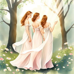 A whimsical and romantic book cover design inspired by classical painting, featuring a modern interpretation of 'The Three Graces'