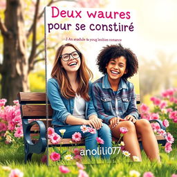 A captivating and colorful book cover for a young adult lesbian romance titled 'Deux semaines pour se connaître'