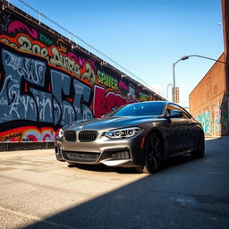 A vibrant urban scene featuring a BMW parked in front of a large wall covered in colorful graffiti