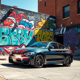 A vibrant urban scene featuring a BMW parked in front of a large wall covered in colorful graffiti