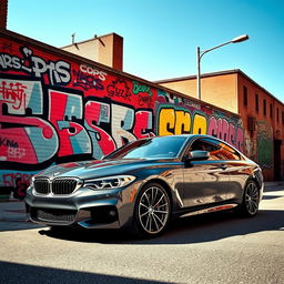 A vibrant urban scene featuring a BMW parked in front of a large wall covered in colorful graffiti