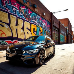 A vibrant urban scene featuring a BMW parked in front of a large wall covered in colorful graffiti