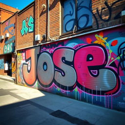 A vibrant street scene showcasing a large, detailed graffiti mural featuring the name 'José'