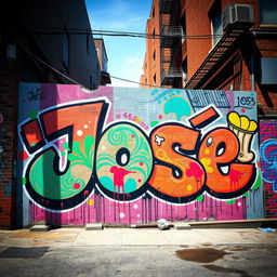 A vibrant street scene showcasing a large, detailed graffiti mural featuring the name 'José'