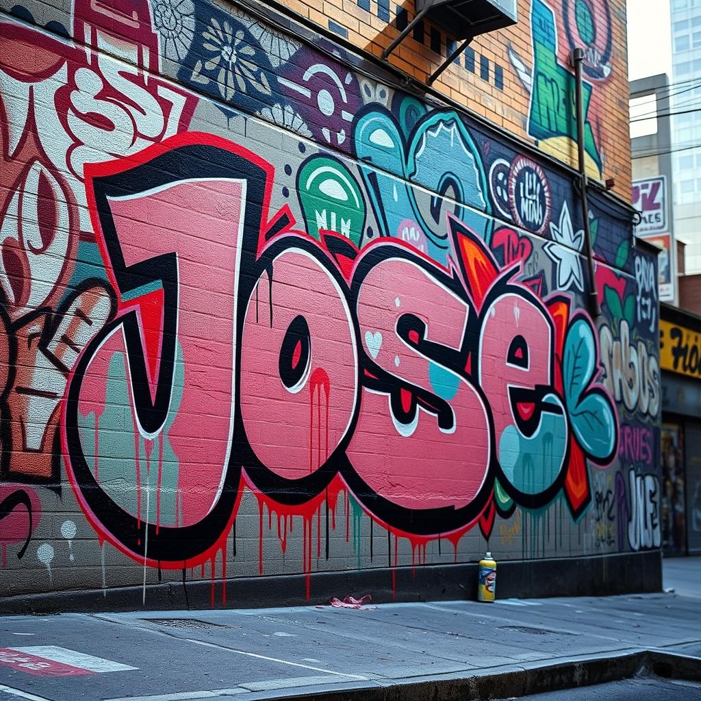 A vibrant street scene showcasing a large, detailed graffiti mural featuring the name 'José'