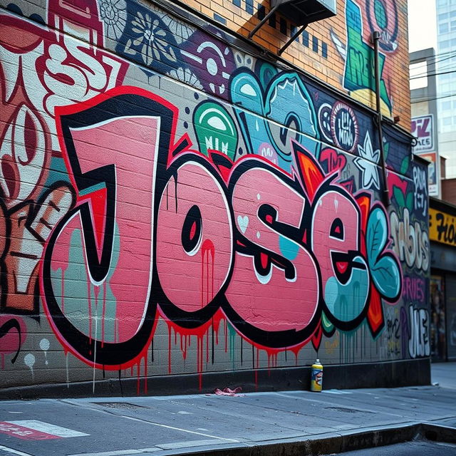 A vibrant street scene showcasing a large, detailed graffiti mural featuring the name 'José'