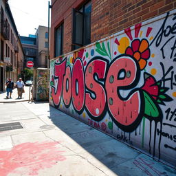 A vibrant street scene showcasing a large, detailed graffiti mural featuring the name 'José'