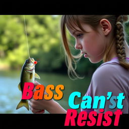 A realistic image capturing a girl fishing for bass, standing by the water’s edge