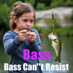 A realistic image capturing a girl fishing for bass, standing by the water’s edge