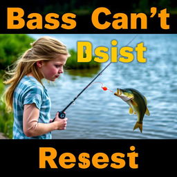 A realistic image capturing a girl fishing for bass, standing by the water’s edge