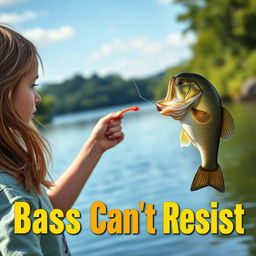 A realistic image capturing a girl fishing for bass, standing by the water’s edge