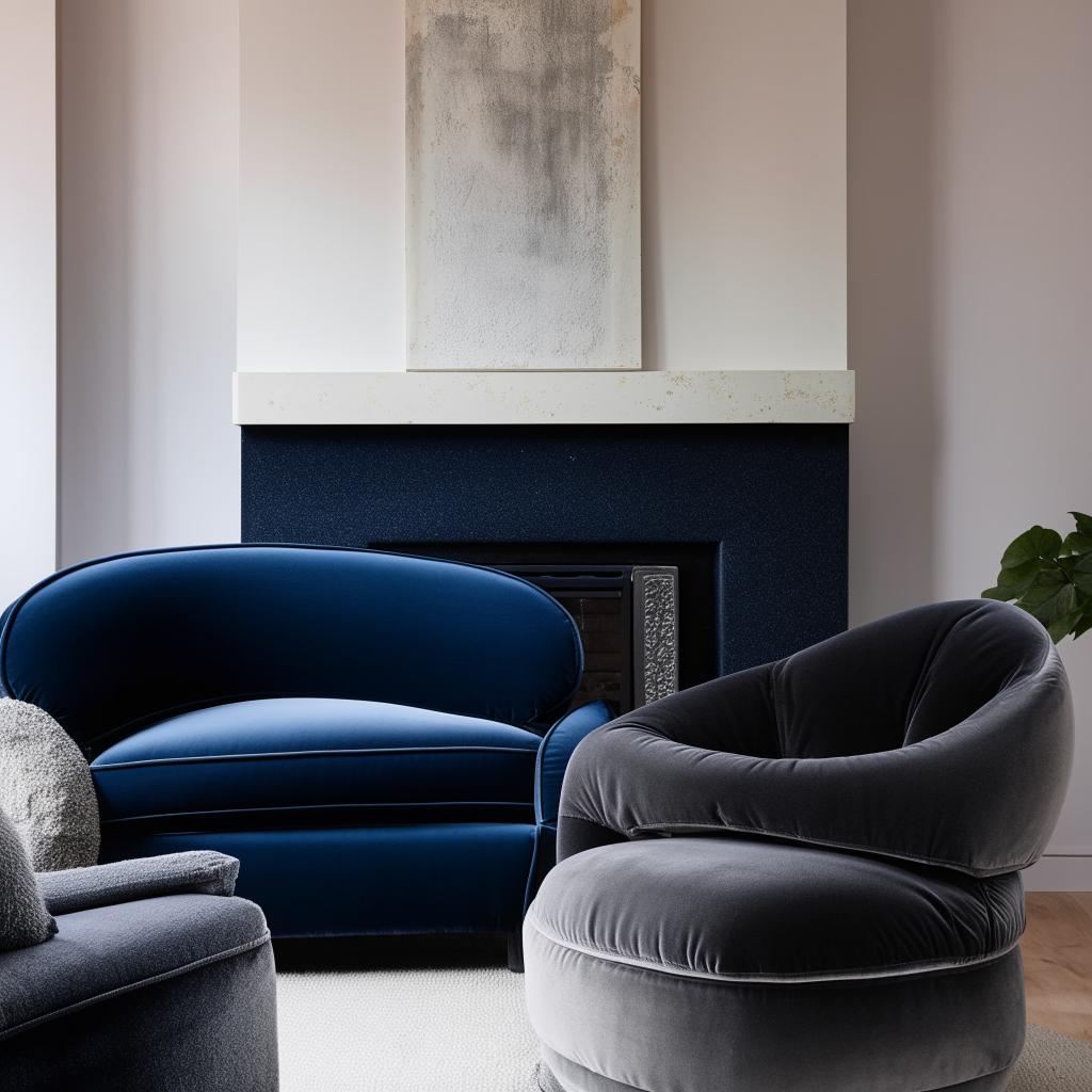 A living room featuring a navy blue velvet sofa, a complementary grey velvet chair and a welcoming chimney creating a warm atmosphere.