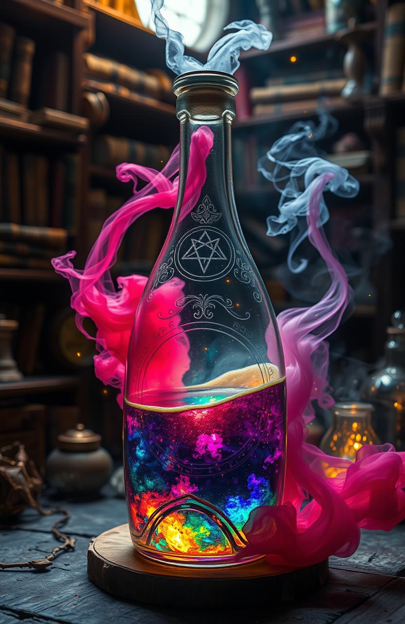 A visually striking and enchanting scene titled 'Desires in a Bottle'