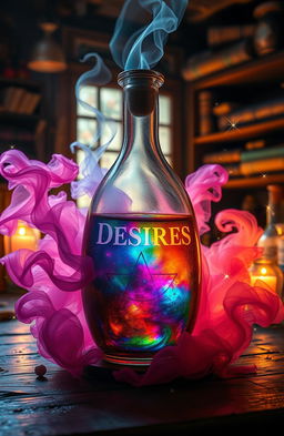 A visually striking and enchanting scene titled 'Desires in a Bottle'