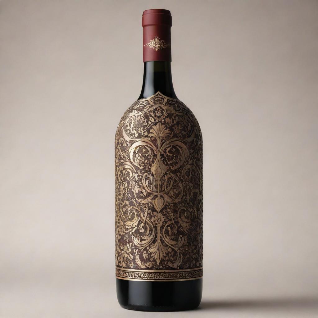 Design a wine bottle with intricate Armenian details, labeled 'YARKHUSHTA', incorporating symbols of dance, culture and vine motifs.