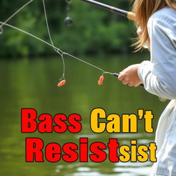 A realistic image depicting a girl fishing for bass by the water's edge