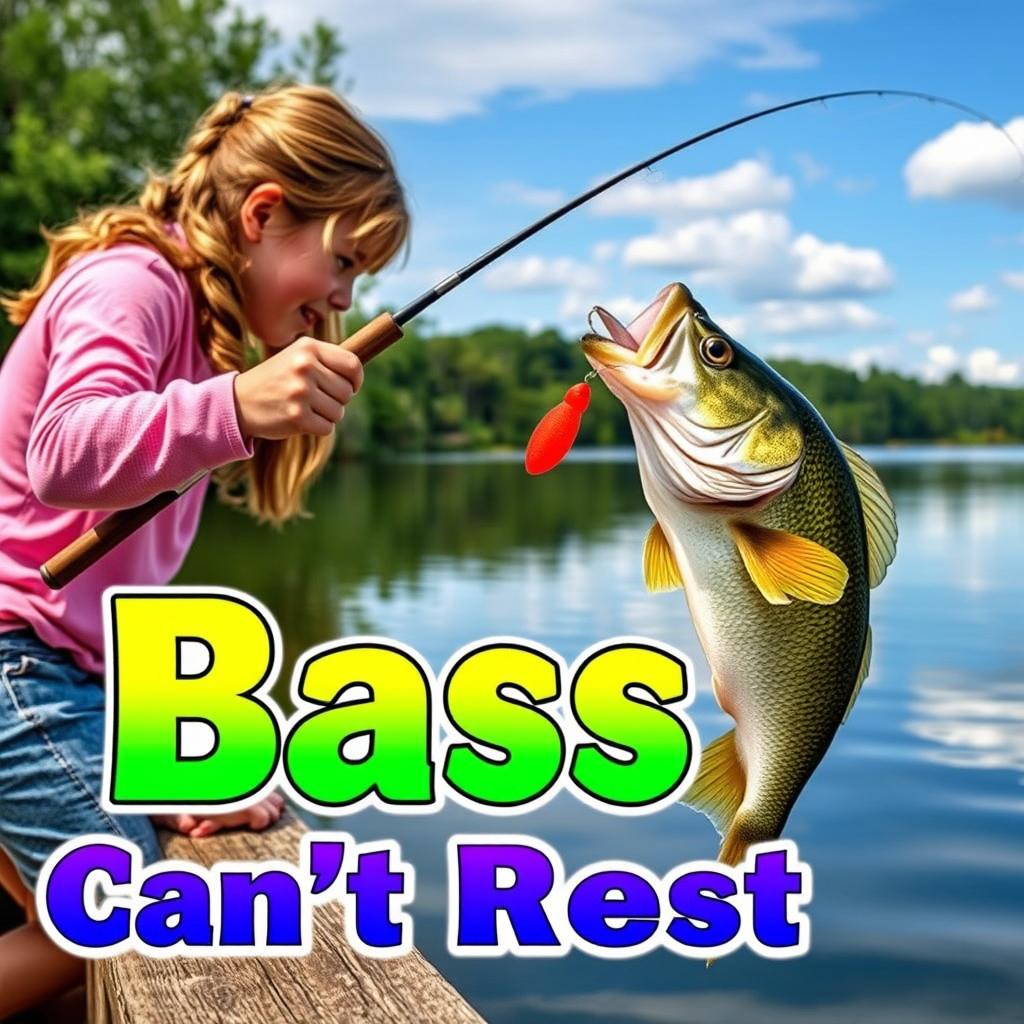 A realistic image featuring a girl fishing for bass at the edge of a serene lake