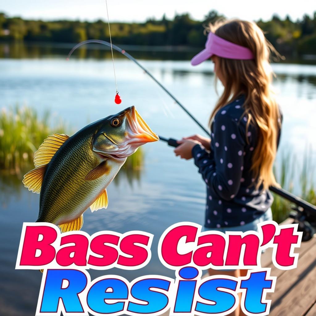 A realistic image featuring a girl fishing for bass at the edge of a serene lake