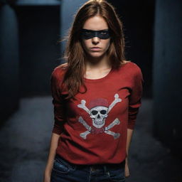 Focus on the Indian girl, her reddish-brown hair, black pirate eyepatch, full-sleeve red t-shirt and jeans all becoming part of a dramatically intensified dark and ominous atmosphere.