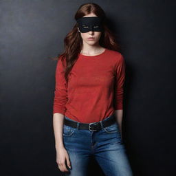 Focus on the Indian girl, her reddish-brown hair, black pirate eyepatch, full-sleeve red t-shirt and jeans all becoming part of a dramatically intensified dark and ominous atmosphere.