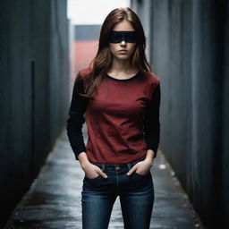 Focus on the Indian girl, her reddish-brown hair, black pirate eyepatch, full-sleeve red t-shirt and jeans all becoming part of a dramatically intensified dark and ominous atmosphere.