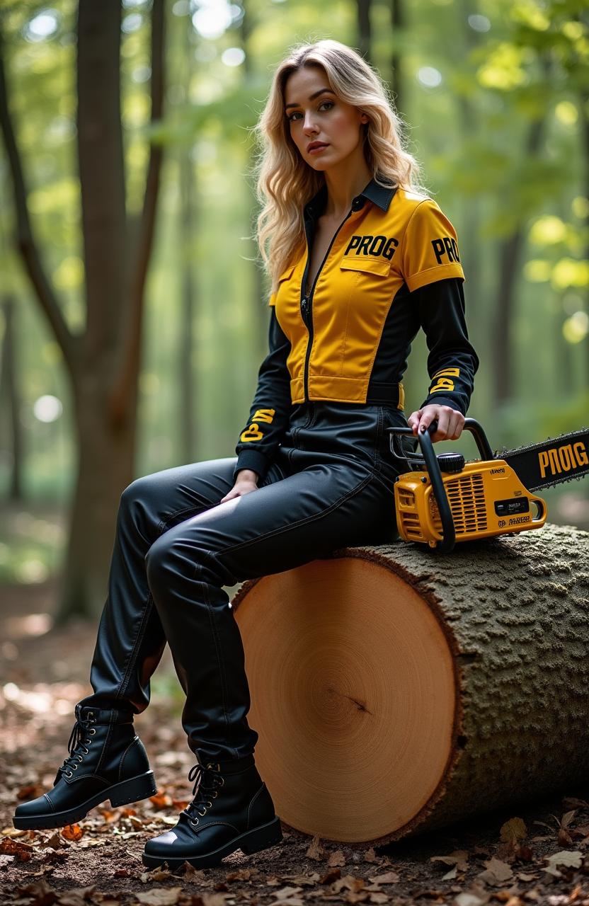 A confident woman dressed in a striking gold and black work suit with the word 'PROG' prominently displayed, seated on a cut tree trunk