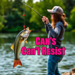 A realistic image depicting a female angler fishing for bass by the water’s edge