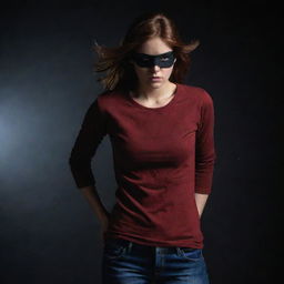 Focus on the Indian girl, her reddish-brown hair, black pirate eyepatch, full-sleeve red t-shirt and jeans all becoming part of a dramatically intensified dark and ominous atmosphere.