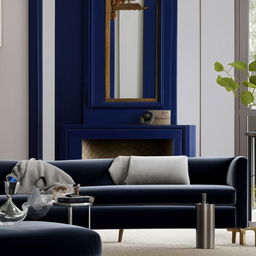 A living room featuring a navy blue velvet sofa, a complementary grey velvet chair and a welcoming chimney creating a warm atmosphere.