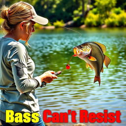 A realistic image depicting a female angler fishing for bass by the water’s edge