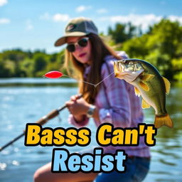 A realistic image depicting a female angler fishing for bass by the water’s edge