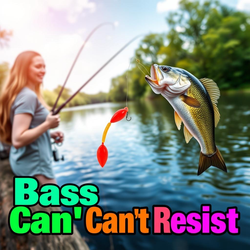 A realistic image depicting a female angler fishing for bass by the water’s edge