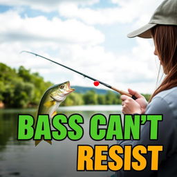 A realistic image of a female angler fishing for bass by the water's edge