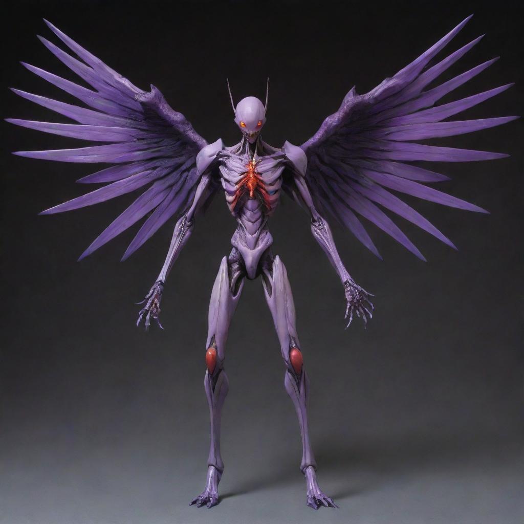 A terrifying, monstrous interpretation of an Angel from Evangelion. It's adorned with heightened grotesquerie, formidable limbs, and glowing, ominous ornaments that enhance its fearsome presence.