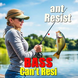 A realistic image of a female angler fishing for bass by the water's edge